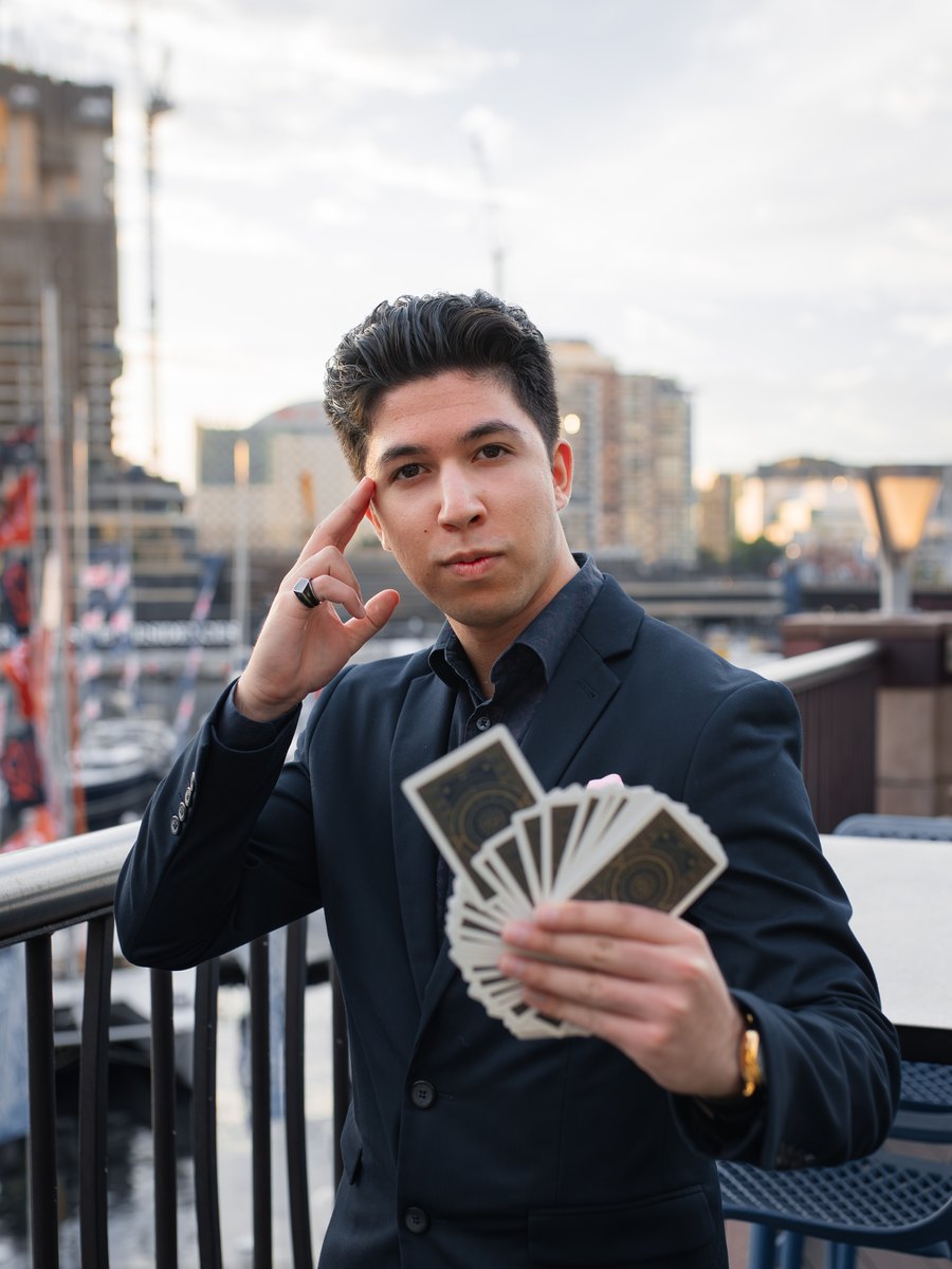 TDog with a fan of playing cards, Sydney harbourside